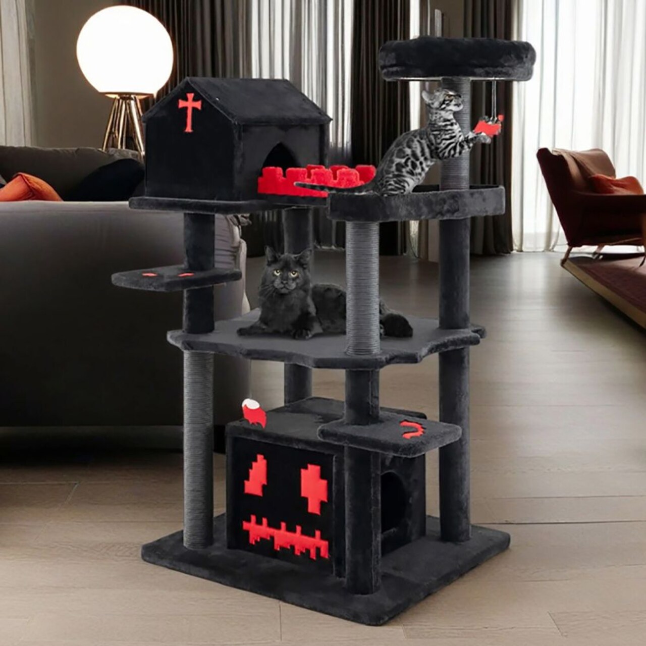 1PC Gothic Cat Tree 49 Inch Tall Cat Tower 6-Tier Cat Activity Center with Coffin Bed
